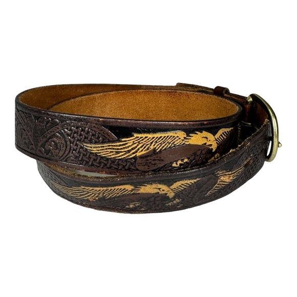 Wrangler Eagle Tooled Leather Belt Brown 38 Western Nature Boho Gorpcore Granola - Picture 3 of 5